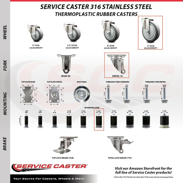 Service Caster 5 Inch 316SS Thermoplastic Rubber Swivel 1-3/8 Inch Expanding Stem Caster Set SCC-SS316EX20S514-TPRB-138-4 - main
